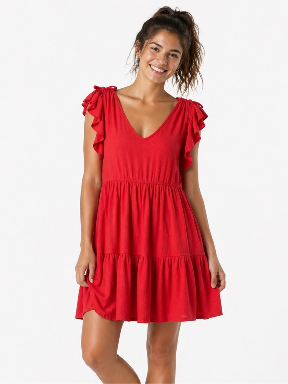 Max Studio Bright Red Tiered Ruffle Sleeve Mini Dress, Women’s Size M